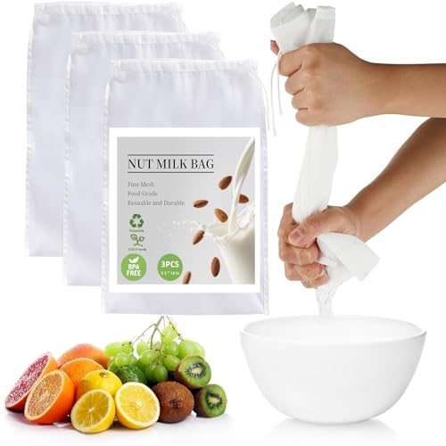 3 Pcs Reusable Nut Milk Bag, 100 Micron Reusable Food-Grade Nylon Cheese Cloth Bag Strong Fine Mesh Strainer Bags with Drawstring for Straining, Cold Brew Coffee, Greek Yogurt, Tea,Juice