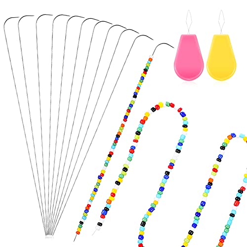 Curved Beading Needle with 2 Pieces Bead Needle Threader Stainless Bead Spinner Needle Loader Stringing Tool Bead Needle for Jewelry Making Sewing Spin Bead, 7.5 Inch (6 Pieces Needles)