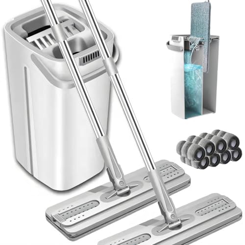 2 Stück Wischmopp Set mit Eimer, Bodenwischer mit 8 Mikrofaser Padsund 125cm Teleskopstiel, 360-Grad-Drehkopf, Household Reinigungswerkzeug mit 2-Kammer Design Separates Nass und Trockengebrauch, Weiß