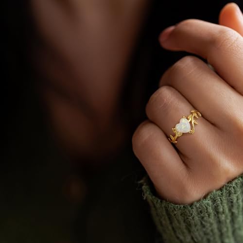 EVER FAITH 925 Sterling Silver Created Gemstone White Heart Opal Statement Rings, Dainty Gold Vine Leaf Wedding Promise Band Ring Anniversary Birthday Jewelry for Women Bride Size 6-82