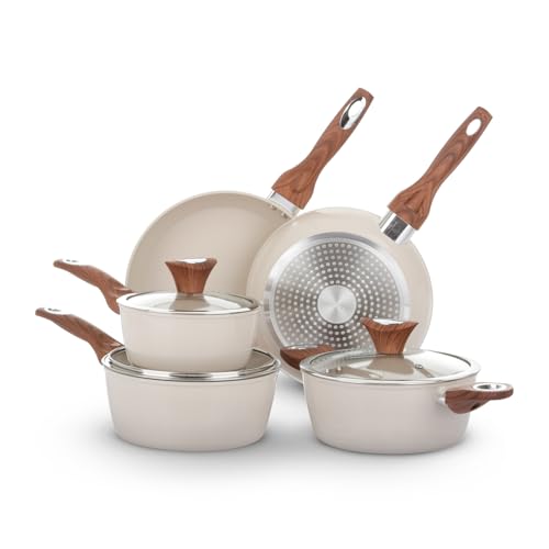 KASANOVA Batería de ollas New Ceramic, Set de ollas para inducción con revestimiento cerámico, Set de sartenes antiadherentes y cacerolas con tapa de vidrio (Crema, 8 piezas)