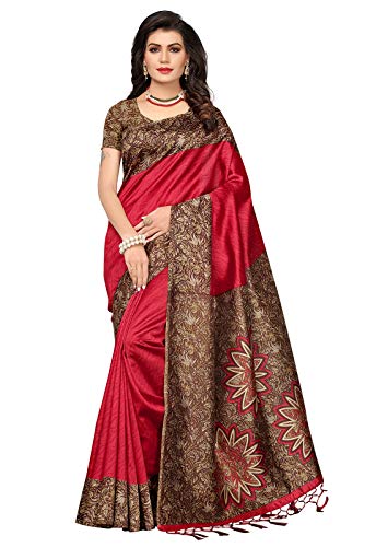 Ishin Poly Silk Red Printed Women's Saree With Tassels