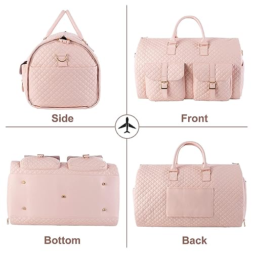 Image of Convertible Carry on Garment Bag for Women,Leather Garment Bags for Travel with Shoe Pouch 2 in 1 Hanging Suitcase Suit Bag for Women Travel Bags for Women Duffle Bag Garment Bag Gifts, Pink-2Pockts-gz