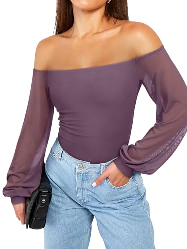 REORIA Womens Going Out Off The Shoulder Sheer Mesh Puff Long Sleeve Thong Bodysuit Tops Gray Purple X-Small — view 2