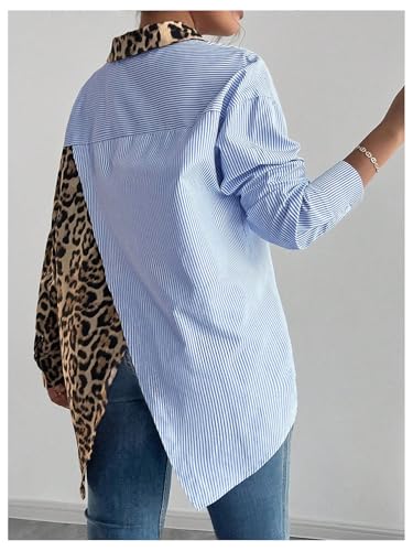 Women's Colorblock Striped Leopard Shirt Button Down Cheetah Shirt Long Sleeve Drop Shoulder Blouse2