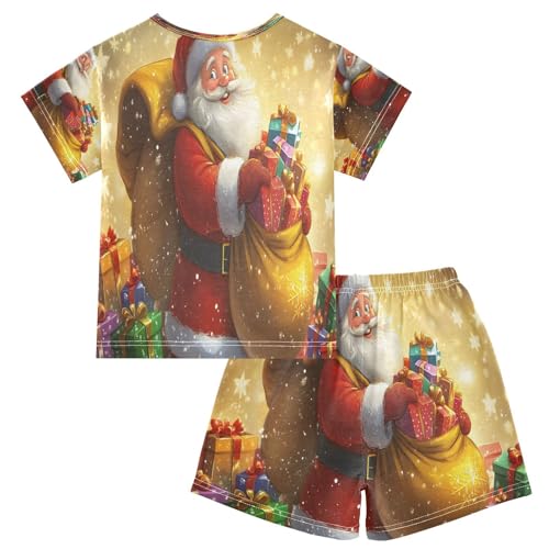 ALAZA Golden Santa Claus Star Merry Christmas Pajamas Set Short Sleeve Cotton Sleepwear Summer Pjs 2 Piece 5-14Y2