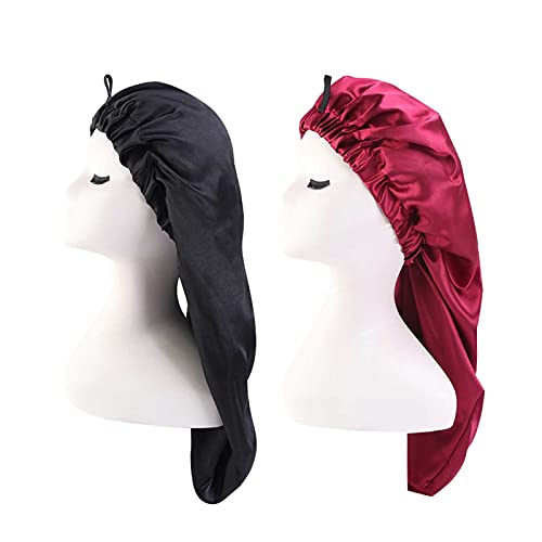 Lot de 2 bonnets longs en satin respirant en soie afro - Bonnet de sommeil en satin - Réglable - Bonnet de nuit - Rouge - Noir - Pour femme - Protection des cheveux longues Cover
