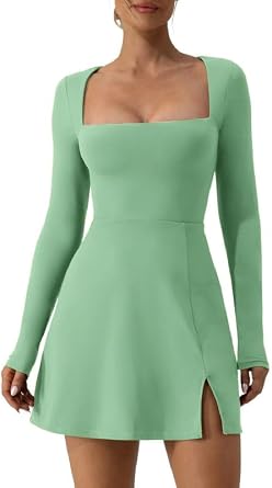 Women Square Neck Long Sleeve Mini Dress Y2k Double Lined Bodycon Dress Sexy Side Slit Stretch Flare Short Dress