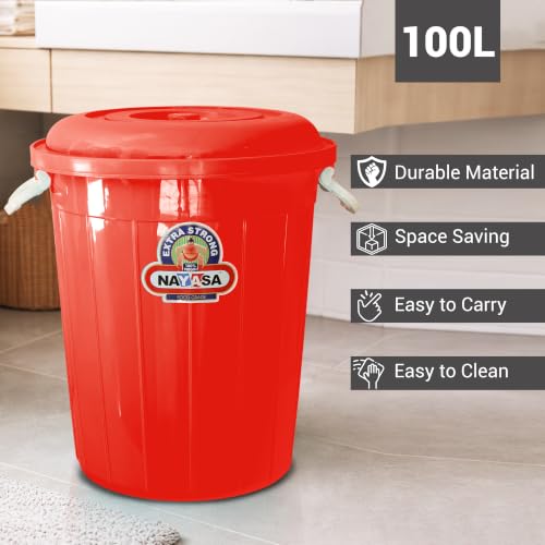 Image of Nayasa Bucket 102 with Lid- 100 Ltrs, Plastic Water Storage Bucket| Unbreakable Multipurpose Storage, Red