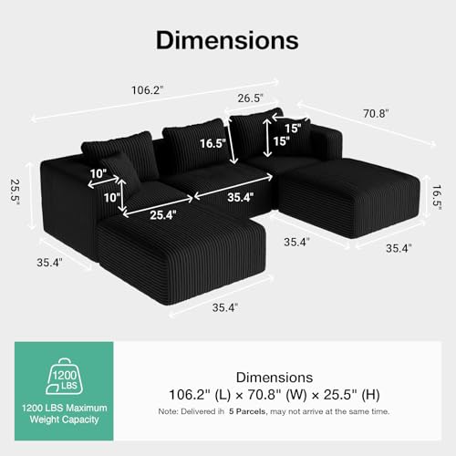 Image of Novilla 106 inch Modular Sectional Sofa, U Shape Cozy Sectional Couch, Modern Cloud Design with Smarts Coil Support, Boneless Sectional Couch for Living Room Apartment, No Assembly Required