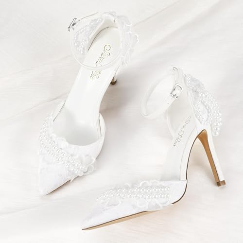 Mofri ShowHow Women's High Heels Stiletto Closed Pointed Toe Heels Pearl Lace Wedding Shoes Ankle Strap Pumps Bridal Party Wedding Dress Shoes 6