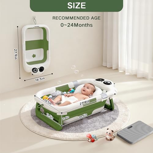 Image of Foldable Baby Bathtub for Newborn to Toddler (0-24 Months), Portable Baby Bath Tub for Travel, Collapsible Baby Tub with Soft and Supportive Cushion (Panda-Green)
