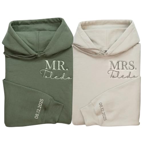 Personalized Embroidered Mr & Mrs Sweatshirt With Date On Sleeve, Custom Mr & Mrs. Sweatshirt, Gift For Bride, Future Mrs. and Mr. Hoodie, Engagement Gift, Bride Groom Gift, Matching Couples Hoodie 1