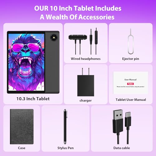 Image of 2026 Tablet with Keyboard,Stylus & Mouse, 10.3 Inch Android 13 Tablets, 2K IPS Screen, 19GB RAM 256GB (1TB TF), 8000mAh, 8-Core,8+13MP, 5G /2.4G WiFi,Tablets for Students, Adults, Play- Black
