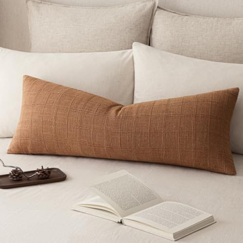 Image of Foindtower Set of 1 Decorative Linen Check Throw Pillow Cover Neutral Farmhouse Lumbar Cushion Cover Soild Modern Boho Home Decor for Sofa Chair Couch Bedroom Living Room,14x36 Inch,Orange