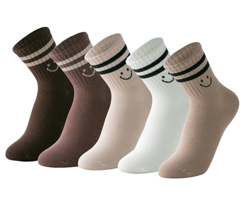 Image of Deeorla Womens Striped Crew Socks Brown Vintage Retro Athletic Socks 5 Pairs