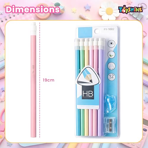 Image of Toyshine Triangular HB Pencil Set with Erasers on Top | Pack of 12 Writing Pencils with Sharpener & Pencil Cap | Comfortable Grip School Stationery for Kids & Students Birthday gift return gift