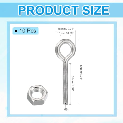 Image of PATIKIL M5x35mm Eye Bolts, 10 Pcs Carbon Steel Threaded Eyebolt Eye Hooks Screws with Nut for Hanging or Securing Cables Silver