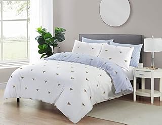 Printed Duvet Cover Set White Floral Bedding Breathable Comforter Quilt Covers with Pillowcases Double King SuperKing Size Bed Sets Soft Cotton Easy Care (Double, Bee)