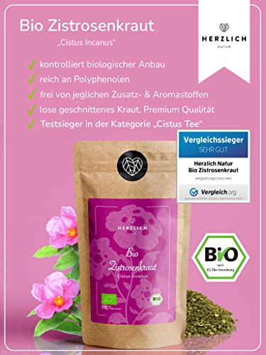 BIO Zistrosenkraut 500g - Cistus Incanus - 100% loses Zistrosenkraut, naturbelassen, geschnitten - Premium Bio-Qualität - per Hand geprüft und abgefüllt in Deutschland | Herzlich Natur