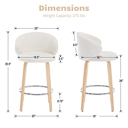 HEAH-YO Butacos Modernos para Isla de Cocina, Juego de 2 Unidades, Altura de Barra (26 pulgadas), Asiento Tapizado en Bouclé y Patas de Madera, Color Blanco miniatura 2
