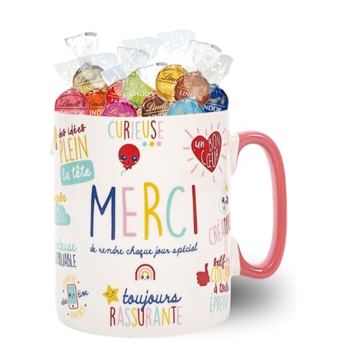 Coffret Cadeau Gourmand | Mug XXL garni d'un assortiment de 40 LINDOR de LINDT | Tasse Cadeau Gourmand Pête à Offrir pour remercier Maîtresse, Maman, Nounou, Soignant