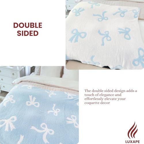 Image of Bow Blanket Blue Bows Soft Throw Blanket Reversible Premium Cozy Fabric for Best Comfort - for Infant,Toddler,Newborn,Nursery,Girl,Throw,Crib,Stroller,Gift (Blue Bows, 30x40 in)