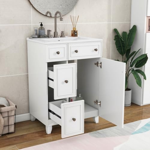 Image of 24 Inch Bathroom Vanity with Ceramic Sink, Freestanding Vanity Cabinet with 2 Drawers and 1 Door (White)