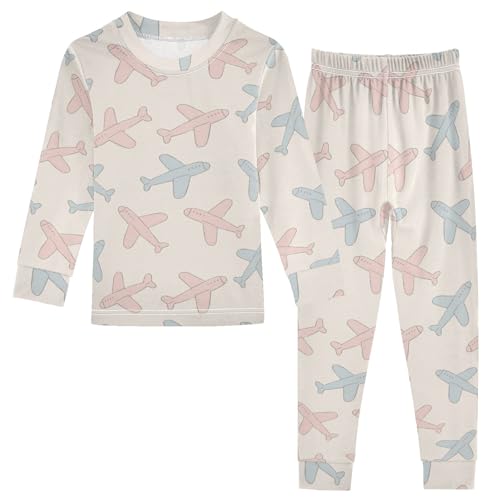 Cartoon Simple Airplane Pattern Cute Pajama Sets Long Sleeve Top and Pants, Snug Fit Sleepwear for Night Wears