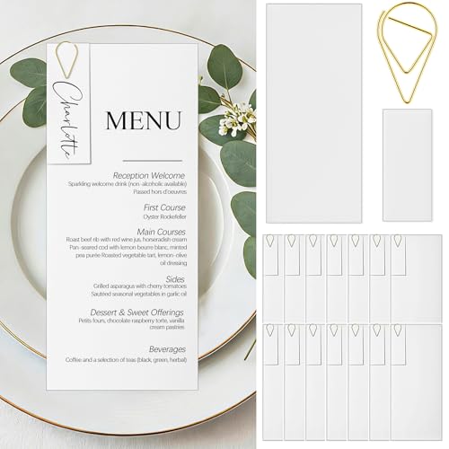 Humyoun 50 Sets 76lb Wedding Menu Cards 4x9 Name Place Cards with Teardrop Paper Clips for Table Setting DIY White Blank Cardstock for Wedding Dinner Banquet Table Setting Supplies