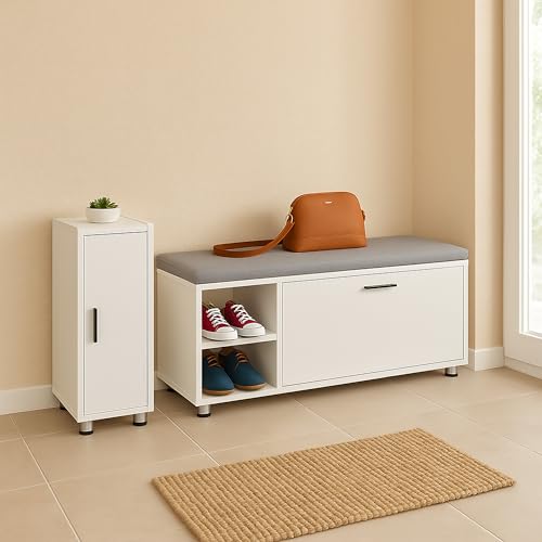 Relaxdays Banco Zapatero con Asiento y Armario, Set 2, Banqueta de Pasillo, Dormitorio, Espacio Almacenaje, Blanco/Gris - imagen 3