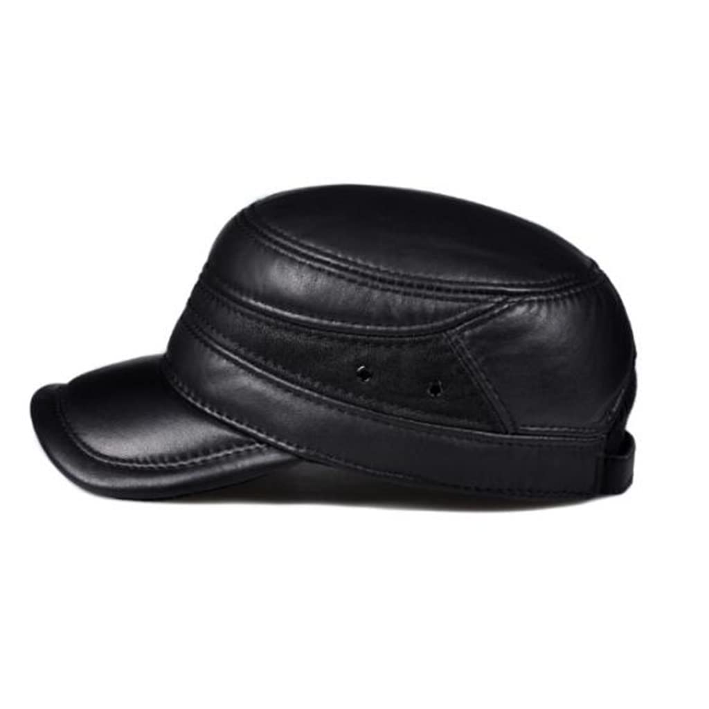Cappelli Primavera Inverno Pelle Nero Berretto da Baseball Piatto da Uomo Regolabile Taglia Esterno Caldo Fibbia sul Retro, DL 55 56cm,D-L 55 56cm