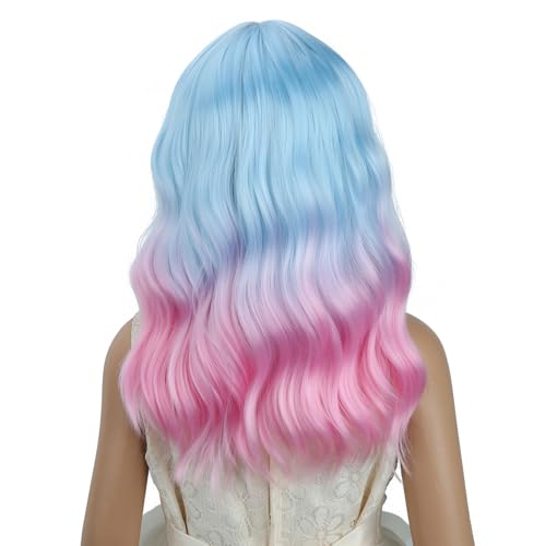 Image of PATTNIUM Girls Blue Ombre Pink Short Wavy Curly Wig with Bangs Kids Pink and Blue Bob Wigs Synthetic Halloween Costume Cosplay Party Wigs