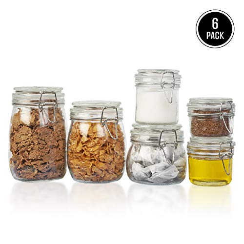 Lot de 6 Bocaux de Conserve en Verre avec Fermeture Mécanique, Tailles 1000ml 750ml 500ml 280ml 200ml 100ml | Utilisations Multiples, Pots Verres pour Aliments Secs, Alimentaire Conservation etc.