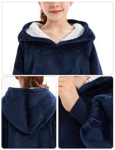 Image of KFUBUO Wearable Blanket Hoodie for Kids With Pocket, 6-10 Year Old, Navy | Sherpa, Heavy Material, Oversized Sweatshirt Blanket, Kids Blanket, Girl Boy Gifts, Hooded Blanket Kids, Cozy Gifts for Kids