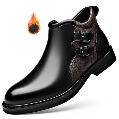 Men's Leather Chelsea Chukka Boots with Side Zipper Fashion Buckle Strap Comfortable Block Heel Ankle Boots for Fall Winter Work Office Dress Booties