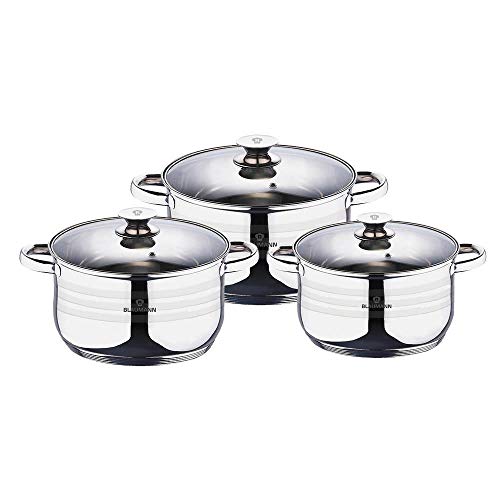 Set di pentole in acciaio inox per piani cottura a induzione, 3 pezzi, antiaderente, con coperchio in vetro e manici in acciaio inox, 16, 18 e 20 cm