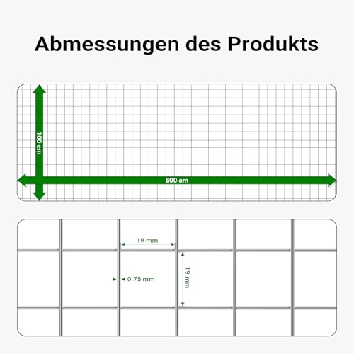 Wiltec Maschendrahtzaun 1x5 m 100 cm hoch 0,75 mm stark 19x19 mm Maschengröße, Volierendraht 4-Eck aus Stahl verzinkt, Drahtgitter, Vogeldraht