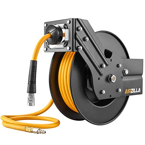 Airzilla Steel Retractable Air Hose Reel 3/8" Inch X 50' Feet Hybrid Polymer Hose, Heavy Duty Air Hose Reel Included Auto Rewind Reel | Quick Air Coupler | Heavy Duty Steel Frame #TOP5