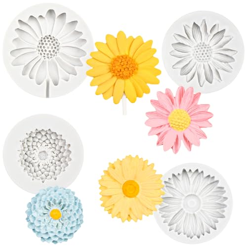 EUREKORA 4 Stück 3D Daisy Blume Silikonformen 3D Blumen Kerzen Silikonformen Gießformen mit Chrysanthemen-Blume für Duftkerze Seife DIY Herstellung Kerzenform für Schokolade SüßIgkeiten Gebäck Dessert