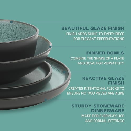 Image of Gibson Elite Tribeca Loft 16-Piece Dinnerware Set - Matte Black and Green Reactive Glaze Stoneware, Double Bowl Round Plates and Bowls - Modern Rustic Tableware for 4, Dishwasher & Microwave Safe