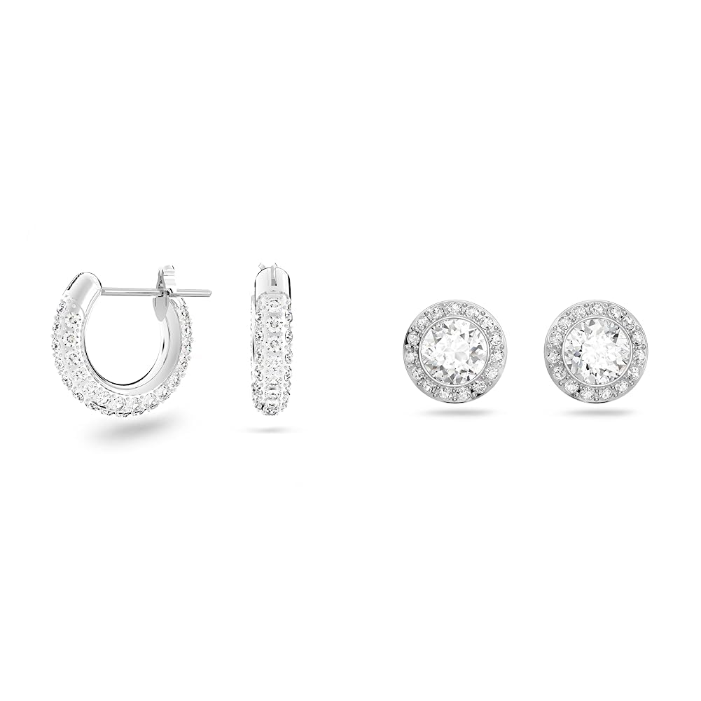 Swarovski Orecchini a cerchio Stone, Pavé, Piccoli, Bianchi, Placcato rodio & Orecchini a lobo Angelic, Taglio tondo, Bianchi, Placcato rodio