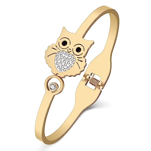 RAIDIN Stainless Steel Gold Bird Bangle Bracelet for Women Mom Dainty Rhinestone Crystal Cute Owl Cu