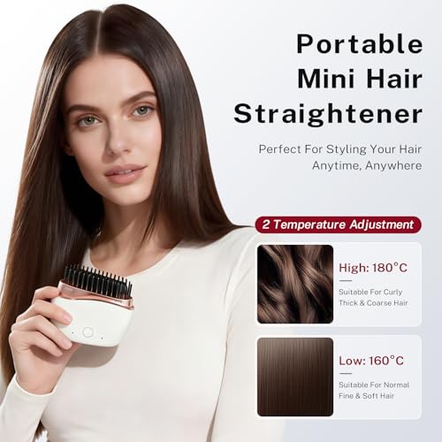 Image of Mini Hair Straightener Rechargeable Mini Cordless Hair Straightener Portable Hair Straighteners Hot Comb USB Rechargeable Heated Styling Brush 2 Heat Settings Travel Hair Straighteners- White