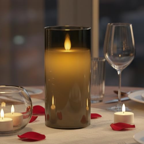 Image of LTETTES Real Wax LED Glass Pillar Flameless Rechargeable Candles | Grey Glass | USB Type-C Wireless Charging Cable | Remote Control Included | Home Decor & Gifting | Set of 1 (7.5 x 15.8 cm)