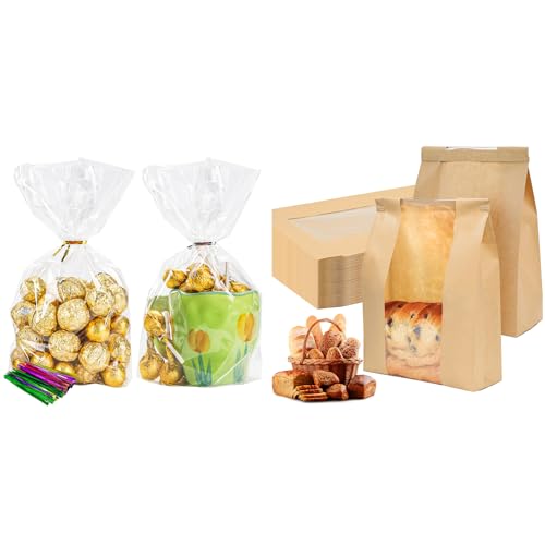 Bundle of 50 Pack Cellophane Bags and 100 Pack Sourdough Bread Bags for Toast Sandwich Cookie Snacks Packaging Storage