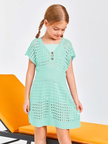 Image of Haloumoning Girls Crochet Swim Beach Cover Up Kids Fashion Button Short Sleeve Swimsuits Cover Ups 5-14 Years