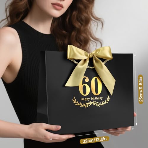 Image of JMANNI Black Gold 60th Birthday Gift Bag with Card and Tissue Paper, 12.6 inchx9.84 inchx3.9 inch Elegant Present Bag for Men Women, 60 Year Old Birthday Keepsake Party Supplies