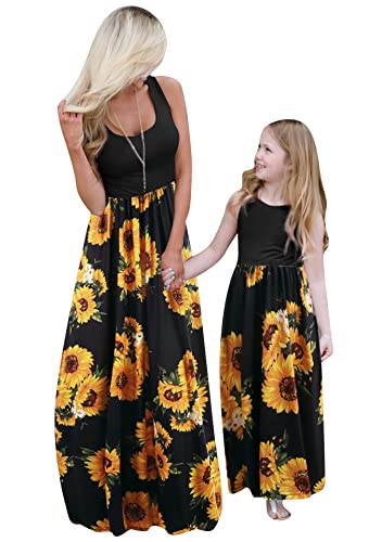 EFOFEI Mom and Me Dresses Matching Summer Floral Dress Round Neck Sleeveless Family Dress