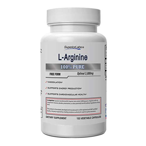 Superior Labs – Pure L-Arginine – Free Form – Optimal 3,000mg Dosage – 150 Vegetable Capsules – Supports Vasodilation, Energy Production and Cardiovascular Health